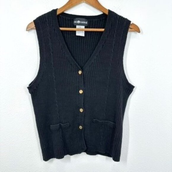 Vintage Sag Harbor Black Ribbed V Neck Sweater Vest Gold Buttons Old Money Prep - Picture 1 of 5